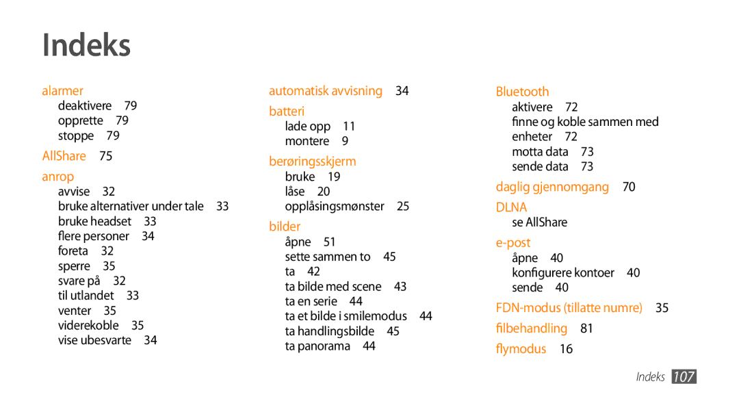 Samsung GT-I5800DKAXEE manual Indeks, Bruke alternativer under tale 33 bruke headset , Bruke 19 låse 20 opplåsingsmønster  